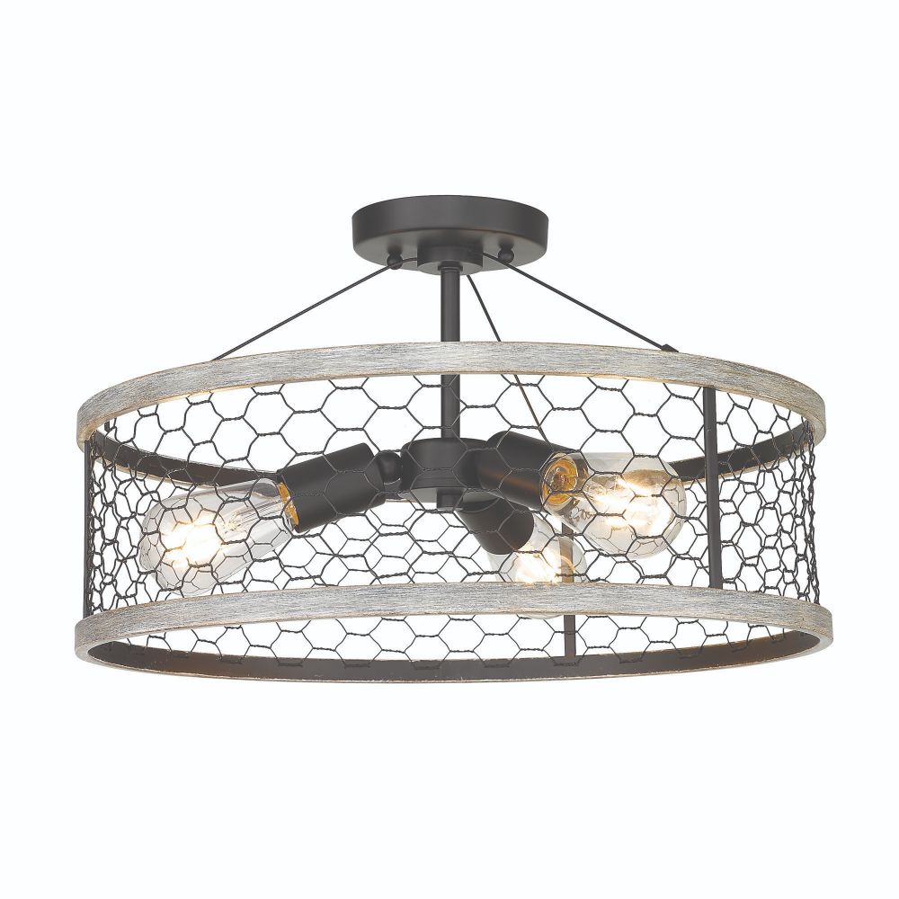 Golden Lighting 3171-3SF BLK-CW Bailey 3 Light Semi-Flush in Matte Black with Chicken Wire Shade